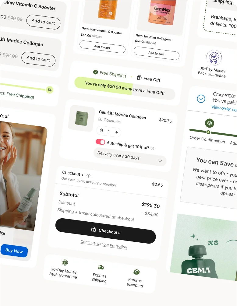 Collage of upsell widgets: add to cart offers, free shipping bar, order confirmation