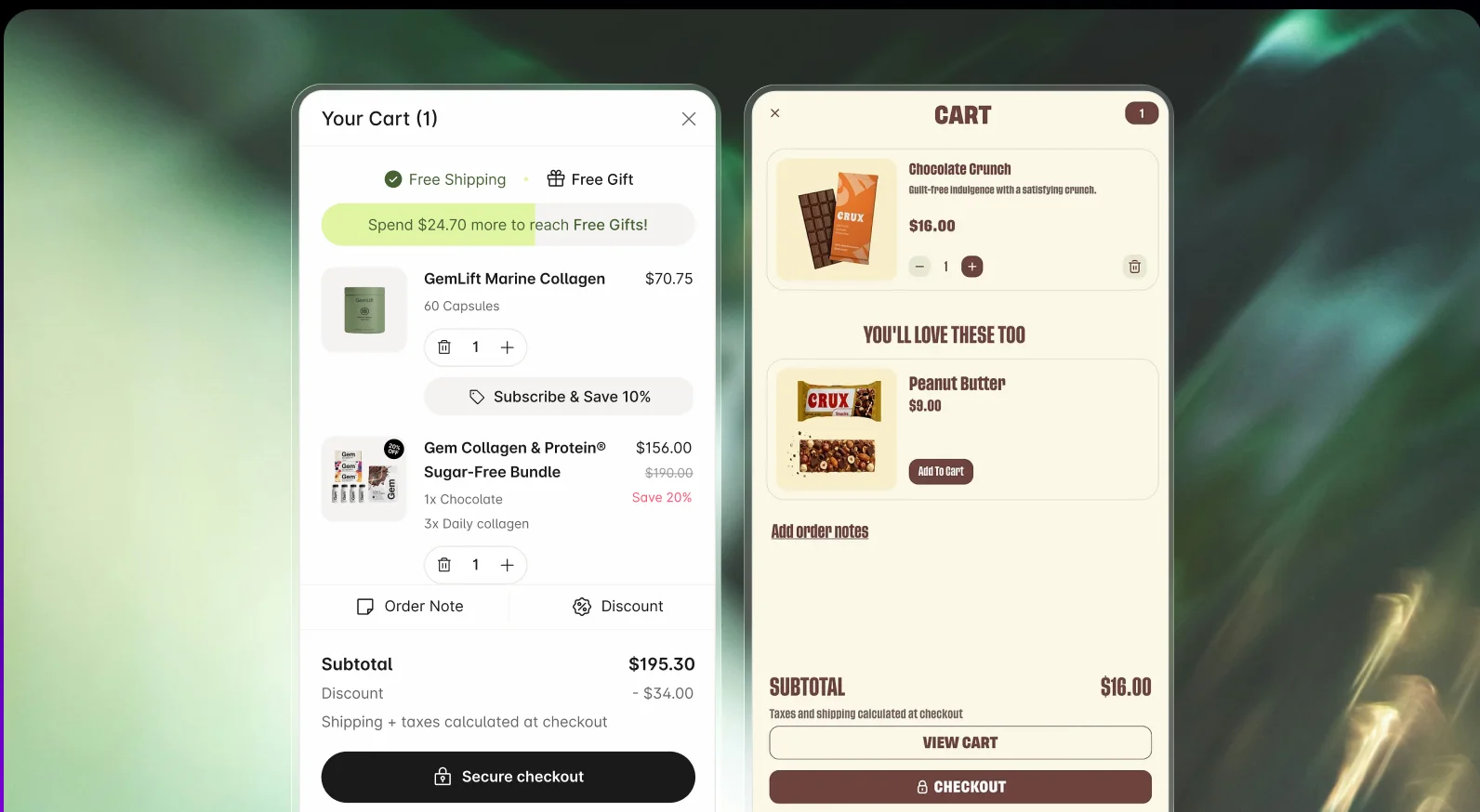 Two cart drawer designs customized to match different store aesthetics