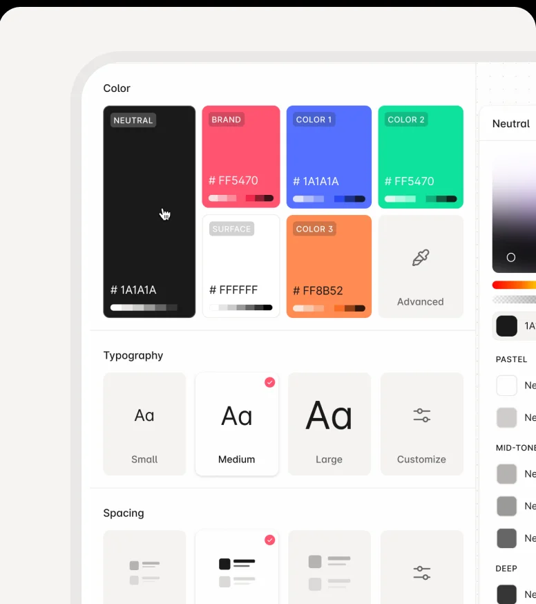 Global styles panel controlling brand colors, typography and spacing