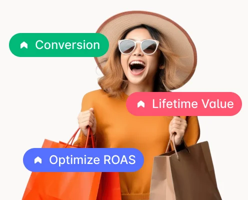 Shopper with shopping bags surrounded by Conversion, Lifetime Value and Optimize ROAS tags